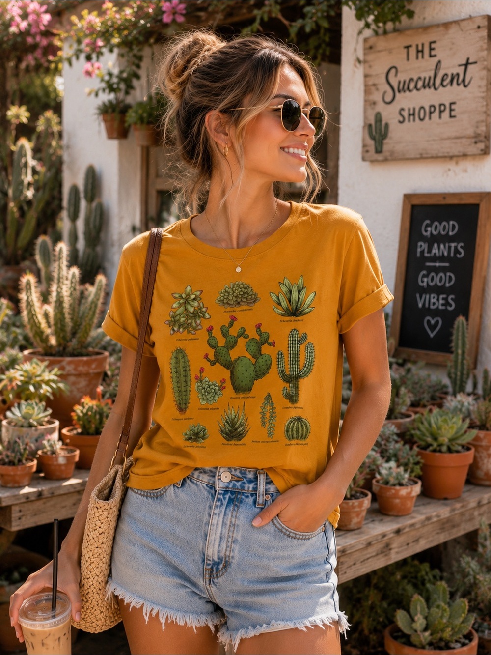 Fifth Sun Mustard Yellow Cactus Graphic T-Shirt Succulent Desert Botanical Tee L